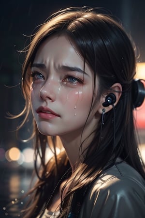 there is a woman with long hair and earphones on in the rain, artwork in the style of guweiz, realistic art style, realistic digital art 4 k, realistic digital art 4k, tears in the rain, sad expression, beautiful digital artwork, realistic artstyle, crying tears, raining portrait, beautiful crying! android woman, realistic anime 3 d style