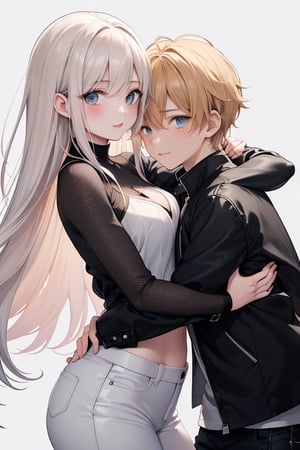 Imagine a heartwarming anime-style scene where a charming young boy and a radiant girl are locked in a warm embrace. The boy exudes confidence and a touch of playfulness, dressed in a wide-shouldered, multi-patterned black jacket with a white tee and leather skinny pants, his hair a striking shade of blond.

The girl, with expressive eyes and a graceful presence, is wrapped in the boy's arms, her long hair beautifully colored in shades of blue and white. Their hug symbolizes their deep connection, creating a moment of pure affection