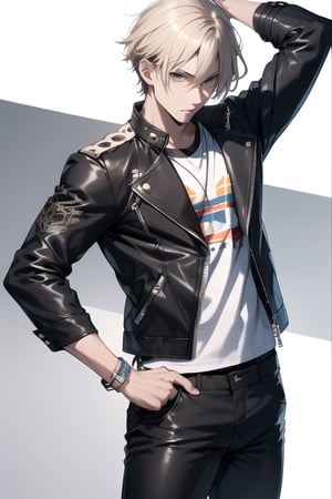 a boy, charming, romantic, playful, confident, wearing wide shoulder multi patterned black jacket with white tee and leather skinny pants, hair blond color, 