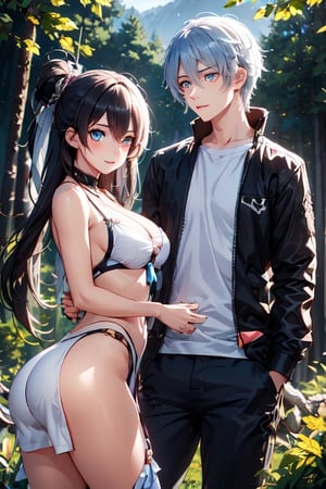 A dreamy nature background, with a misty forest setting the scene for an adorable teenage couple romancing, their anime-inspired eyes locked in a loving gaze as they explore the beauty of nature together.,girl