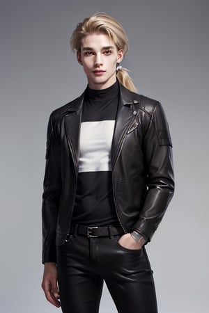 a boy, charming, romantic, playful, confident, wearing wide shoulder multi patterned black jacket with white tee and leather skinny pants, hair blond color tied in a ponytail.