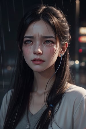 there is a woman with long hair and earphones on in the rain, artwork in the style of guweiz, realistic art style, realistic digital art 4 k, realistic digital art 4k, tears in the rain, sad expression, beautiful digital artwork, realistic artstyle, crying tears, raining portrait, beautiful crying! android woman, realistic anime 3 d style