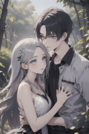A dreamy nature background, with a misty forest setting the scene for an adorable teenage couple, their anime-inspired eyes locked in a loving gaze as they explore the beauty of nature together.,girl
