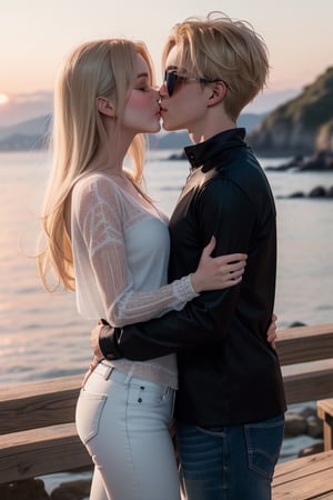 Envision a romantic anime-style scene with a charming young boy and a radiant girl locked in a warm embrace against the backdrop of a picturesque sunset by the sea; the boy exudes confidence and playfulness in a wide-shouldered, multi-patterned black jacket with a white tee, leather skinny pants, and striking blond hair, while the girl, with expressive eyes and a graceful presence, dons a long Buggie tee, skinny jeans, and beautifully colored long hair in shades of blue and white, symbolizing their deep connection, sealed with a tender kiss in this truly romantic and picturesque moment.