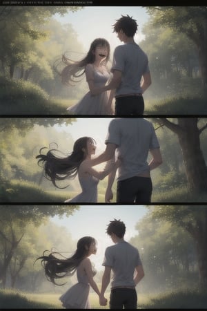 A serene nature background with a gentle breeze rustling through the trees, framing an adorable teenage couple lost in a moment of pure love and joy, their anime-inspired features shining with emotion.