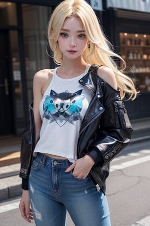 a boy, charming, romantic, playful, confident, wearing wide shoulder multi patterned black jacket with white tee and leather skinny pants, hair blond color, with a girl radiant, responsive, has expressive eyes and she's graceful, she i wearing a long Buggie tee and skinny jeans and has blue and white colored long hair, anime.