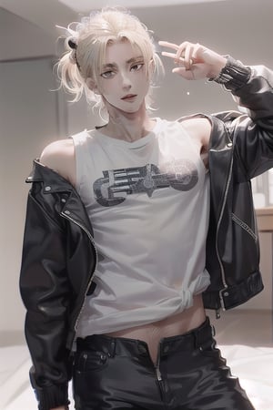 a boy, charming, romantic, playful, confident, wearing wide shoulder multi patterned black jacket with white tee and leather skinny pants, hair blond color tied in a ponytail.,eren_yeager