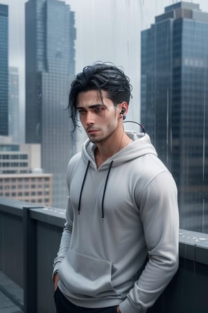 Visualize an exceptionally handsome boy with medium long, black and white hair standing at the top of a skyscraper or near the ocean. he's wearing a blue hoodie and has earphones in her ears. Despite his remarkable handsomeness, he's deeply distressed, tears mixing with the rain as he gazes up at the sky, getting drenched by the pouring rain
