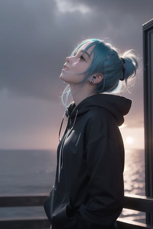 1 girl, sad and depressed with a sadic smile on her face, standing near the ocean or on a skyscraper, has blue hair, wearing a black hoodie with earphones in her ears, looking up the sky that is pouring rain and making her wet