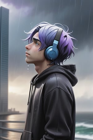 1 boy, sad and depressed on his face, standing near the ocean or on a skyscraper, has blue-purple hair, wearing a black hoodie with earphones in his ears, looking up the sky that is pouring rain and making him wet