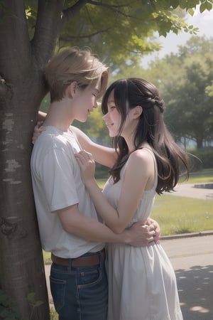 A serene nature background with a gentle breeze rustling through the trees, framing an adorable teenage couple lost in a moment of pure love and joy, their anime-inspired features shining with emotion.