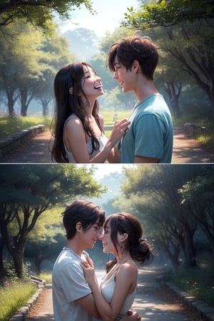 A serene nature background with a gentle breeze rustling through the trees, framing an adorable teenage couple lost in a moment of pure love and joy, their anime-inspired features shining with emotion.