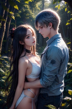 A dreamy nature background, with a misty forest setting the scene for an adorable teenage couple romancing, their anime-inspired eyes locked in a loving gaze as they explore the beauty of nature together.,girl