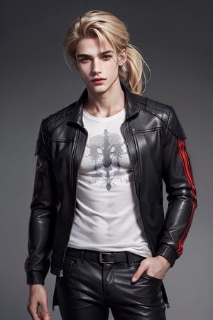 a boy, charming, romantic, playful, confident, wearing wide shoulder multi patterned black jacket with white tee and leather skinny pants, hair blond color tied in a ponytail.