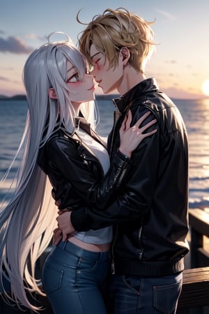 Picture a romantic anime scene by the sea at sunset, where a confident, playfully charming boy in a multi-patterned black jacket with striking blond hair embraces a radiant girl in a long Buggie tee, expressive blue and white hair, and skinny jeans. Their deep connection culminates in a tender kiss, creating a truly romantic and picturesque moment.,SAM YANG,kallen stadtfeld