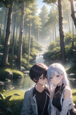 A dreamy nature background, with a misty forest setting the scene for an adorable teenage couple, their anime-inspired eyes locked in a loving gaze as they explore the beauty of nature together.,girl