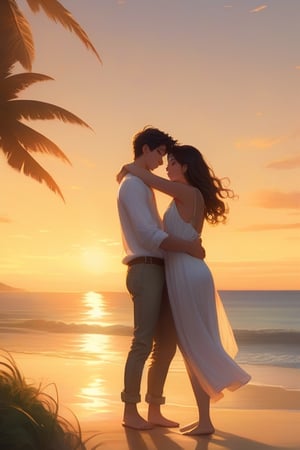 As the sun sets over the ocean, a young couple embraces on the beach, their love radiating in the warm golden light.