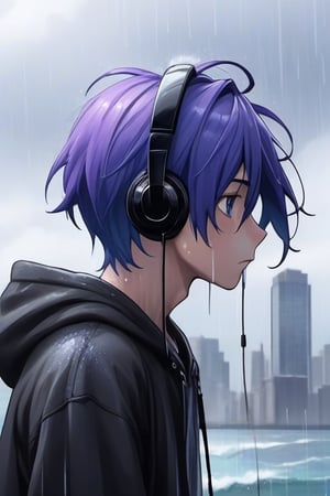 1 boy, sad and depressed on his face, standing near the ocean or on a skyscraper, has blue-purple hair, wearing a black hoodie with earphones in his ears, looking up the sky that is pouring rain and making him wet