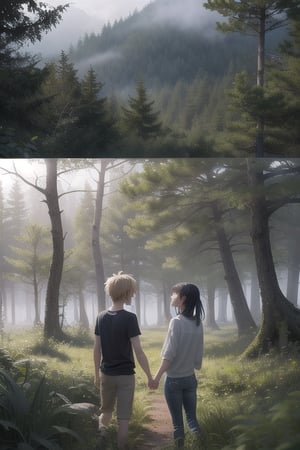 A dreamy nature background, with a misty forest setting the scene for an adorable teenage couple, their anime-inspired eyes locked in a loving gaze as they explore the beauty of nature together.