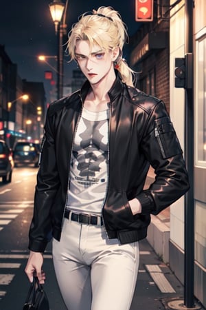 a boy, charming, romantic, playful, confident, wearing wide shoulder multi patterned black jacket with white tee and leather skinny pants, hair blond color tied in a ponytail.