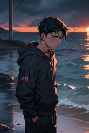 a teenage boy standing under the rain drenched near the ocean, sad and crying, wearing a black hoodie on his head with earphones in his ears. has black and blue hair