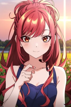 Create an anime girl character with a flawless and enchanting face. She wears an elegant dress and a vibrant floral hairband, illuminated by the soft, golden rays of the setting sun. In the midst of a field adorned with vibrant sunset rose flowers, ensure that her eyes sparkle with warmth, her smile is inviting, and her overall appearance exudes a captivating and timeless beauty. Please emphasize the beauty of her facial features to create a truly enchanting character,kaede