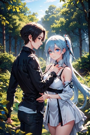 A dreamy nature background, with a misty forest setting the scene for an adorable teenage couple, their anime-inspired eyes locked in a loving gaze as they explore the beauty of nature together.,girl