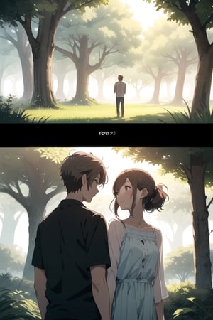 A serene nature background with a gentle breeze rustling through the trees, framing an adorable teenage couple lost in a moment of pure love and joy, their anime-inspired features shining with emotion.