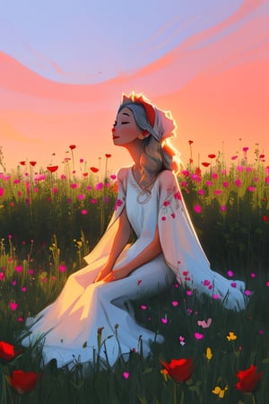 anime girl, wearing an elegant dress and a colorful floral hairband, being Sunkissed, seated in the middle of a field full of sunset rose flowers, 