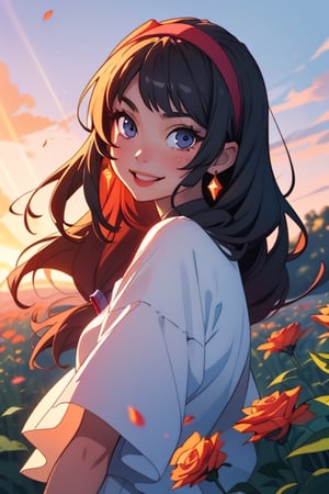 Create an anime girl character with a flawless and enchanting face. She wears an elegant dress and a vibrant floral hairband, illuminated by the soft, golden rays of the setting sun. In the midst of a field adorned with vibrant sunset rose flowers, ensure that her eyes sparkle with warmth, her smile is inviting, and her overall appearance exudes a captivating and timeless beauty. Please emphasize the beauty of her facial features to create a truly enchanting character,kaede