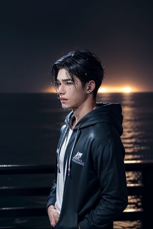 Visualize an exceptionally handsome teenage boy with long, black and white hair standing at the top of a skyscraper or near the ocean. he's wearing a blue hoodie and has earphones in her ears. Despite his remarkable handsomeness, he's deeply distressed, tears mixing with the rain as he gazes up at the sky, getting drenched by the pouring rain
