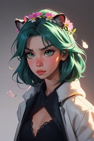 Create a cinematic-style anime scene featuring a girl wearing a green flower crown. She has a pouting mouth and is portrayed in a Q version. The background is minimalistic. Additionally, she is accompanied by a majestic white tiger in this anime-themed composition.