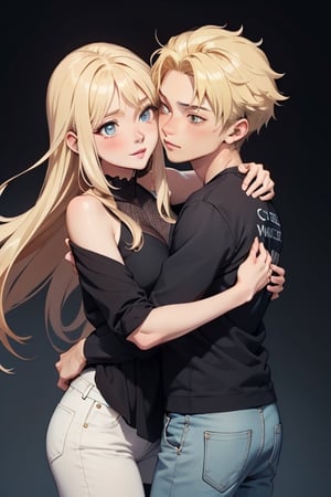 Imagine a heartwarming anime-style scene where a charming young boy and a radiant girl are locked in a warm embrace. The boy exudes confidence and a touch of playfulness, dressed in a wide-shouldered, multi-patterned black jacket with a white tee and leather skinny pants, his hair a striking shade of blond.

The girl, with expressive eyes and a graceful presence, is wrapped in the boy's arms, her long hair beautifully colored in shades of blue and white. Their hug symbolizes their deep connection, creating a moment of pure affection