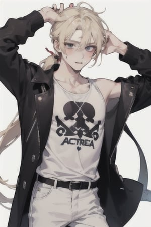 a boy, charming, romantic, playful, confident, wearing wide shoulder multi patterned black jacket with white tee and leather skinny pants, hair blond color tied in a ponytail.