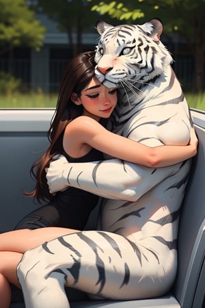 A girl with long hair, seating and hugging the white tiger