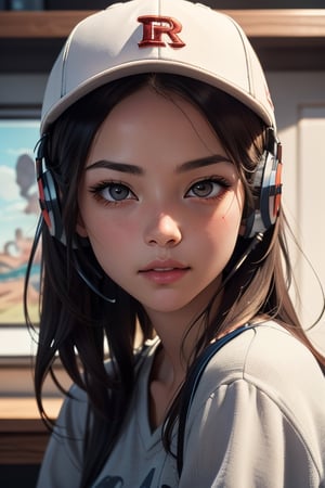 A girl wearing headphones and a hat, specifically a baseball cap. She has long brown hair and striking brown eyes. She is looking directly at the viewer, with her lips closed. She is dressed in long sleeves, and the focus is on her upper body. Her black hair is flowing and her lips are detailed and beautiful. She is an artist, and her name is important to the prompt. For the material, it should be a detailed illustration or a high-resolution photograph to capture the essence of the artwork. The image should be of the best quality, potentially in 4k, 8k or high resolution, and can be considered a masterpiece. The level of detail should be ultra-detailed and realistic, with a photo-realistic effect. As for the art style, it can be a portrait that showcases the girl's features and personality. The color tone should be vibrant and vivid, adding life and depth to the image. The lighting should be professionally done, with studio lighting that accentuates the girl's face and features. The focus should be sharp, capturing every detail flawlessly. Overall, the prompt should be concise and straightforward, without any unnecessary explanations. The tags should be arranged in order of importance, highlighting the key elements of the visual concept.

