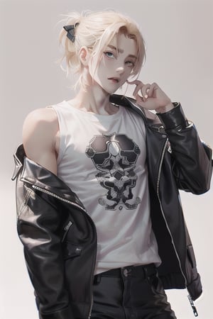 a boy, charming, romantic, playful, confident, wearing wide shoulder multi patterned black jacket with white tee and leather skinny pants, hair blond color tied in a ponytail.,eren_yeager