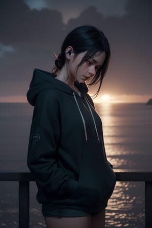 An anime girl, with long black hair, stands on a ledge overlooking the ocean on a rainy beach. She appears sad and depressed, with her hands holding her head. Her detailed figure is set against a realistic night cityscape, illuminated by pleasant and finely detailed 4K realistic shaded lighting in the CryEngine style. She wears a blue hoodie with earphones in her ears, creating a poignant matte painting portrait shot.