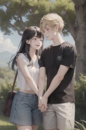 A serene nature background with a gentle breeze rustling through the trees, framing an adorable teenage couple lost in a moment of pure love and joy, their anime-inspired features shining with emotion.