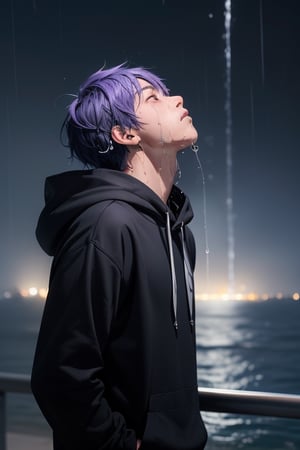 1 boy, sad and depressed on his face, standing near the ocean or on a skyscraper, has blue-purple hair, wearing a black hoodie with earphones in his ears, looking up the sky that is pouring rain and making him wet