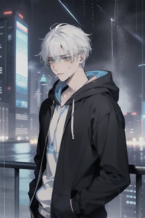 Visualize an exceptionally handsome teenage boy with long, black and white hair standing at the top of a skyscraper or near the ocean. he's wearing a blue hoodie and has earphones in her ears. Despite his remarkable handsomeness, he's deeply distressed, tears mixing with the rain as he gazes up at the sky, getting drenched by the pouring rain
