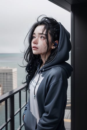 Visualize an exceptionally beautiful girl with long, black and white hair standing at the top of a skyscraper or near the ocean. She's wearing a blue hoodie and has earphones in her ears. Despite her remarkable beauty, she's deeply distressed, tears mixing with the rain as she gazes up at the sky, getting drenched by the pouring rain,Detailedface