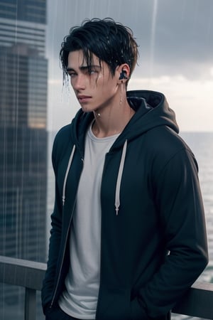 Visualize an exceptionally handsome teenage boy with medium long, black and white hair standing at the top of a skyscraper or near the ocean. he's wearing a blue hoodie and has earphones in her ears. Despite his remarkable handsomeness, he's deeply distressed, tears mixing with the rain as he gazes up at the sky, getting drenched by the pouring rain
