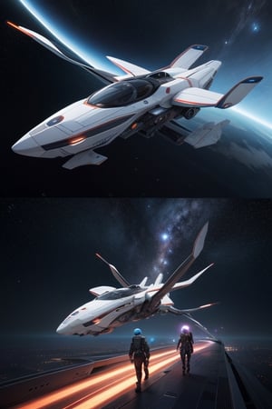 Create an anime-style 3D render of a best friend duo embarking on an epic, intergalactic space adventure aboard a futuristic spaceship.