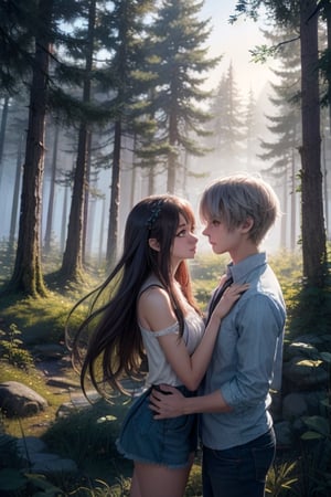 A dreamy nature background, with a misty forest setting the scene for an adorable teenage couple , their anime-inspired eyes locked in a loving gaze as they explore the beauty of nature together.,girl