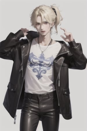 a boy, charming, romantic, playful, confident, wearing wide shoulder multi patterned black jacket with white tee and leather skinny pants, hair blond color tied in a ponytail.