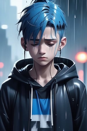 a boy standing under the rain drenched, sad and crying, wearing a black hoodie on his head with earphones in his ears. has black and blue hair