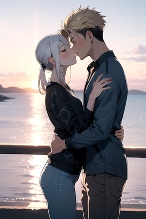 Picture a romantic anime scene by the sea at sunset, where a confident, playfully charming boy in a multi-patterned black jacket with striking blond hair embraces a radiant girl in a long Buggie tee, expressive blue and white hair, and skinny jeans. Their deep connection culminates in a tender kiss, creating a truly romantic and picturesque moment.
