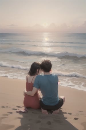 A couple sits on the sandy beach, their arms wrapped tightly around each other as the waves crash against the shore behind them.
