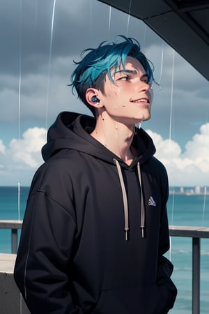 1 boy, sad and depressed with a sad smile on his face, standing near the ocean or on a skyscraper, has blue hair, wearing a black hoodie with earphones in his ears, looking up the sky that is pouring rain and making him wet
